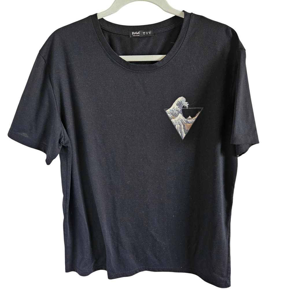Romwe Mens Black Great Wave Graphic T-Shirt XL Short Sleeve Geometric Tee